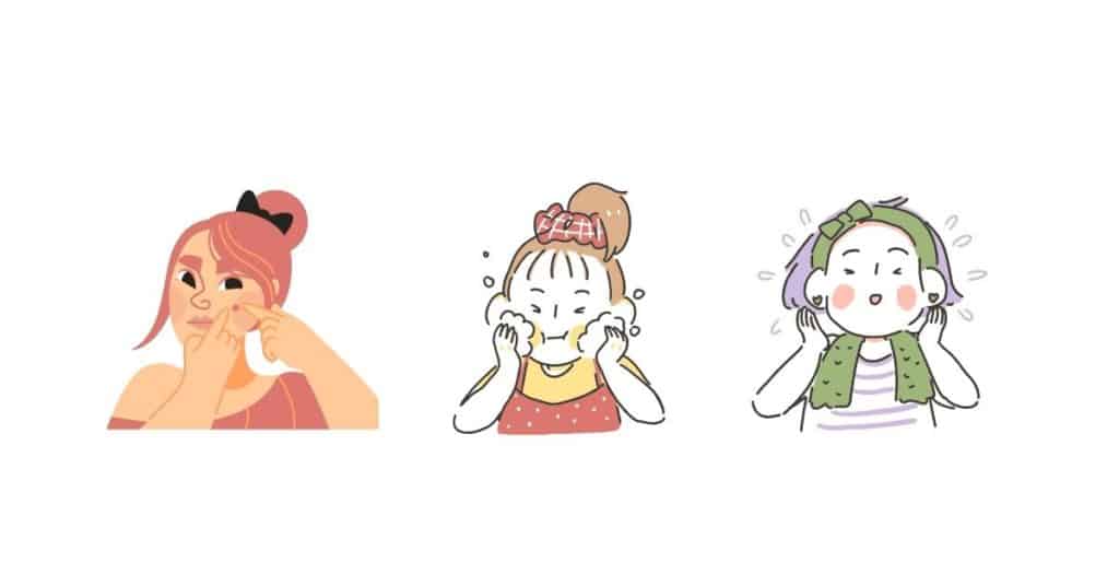 An image of three animated women face showing first one with acne, second one is washing her face and third is happy face after washing. 